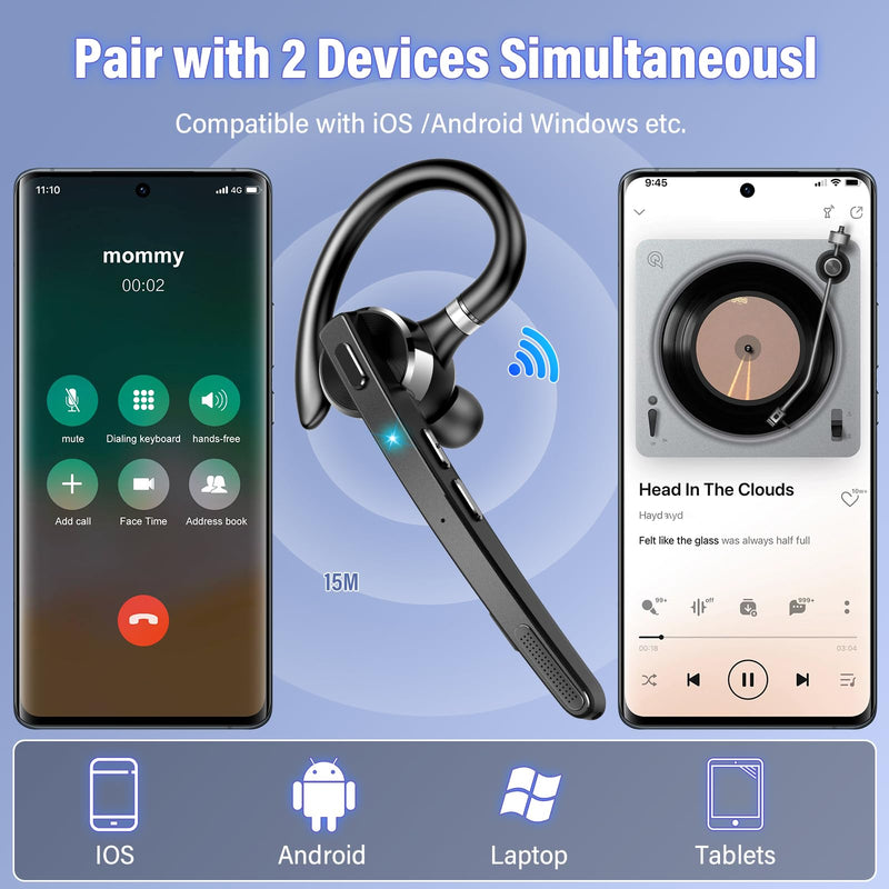 2026 Bluetooth Headset, Wireless Bluetooth 5.3 Earpiece, 90Hrs Single-Ear Headset with APTX HD Audio & Mute Button, Dual Noise Cancelling Mics, Hands Free Headphone for Trucker, Business, Gym, Grey Gray