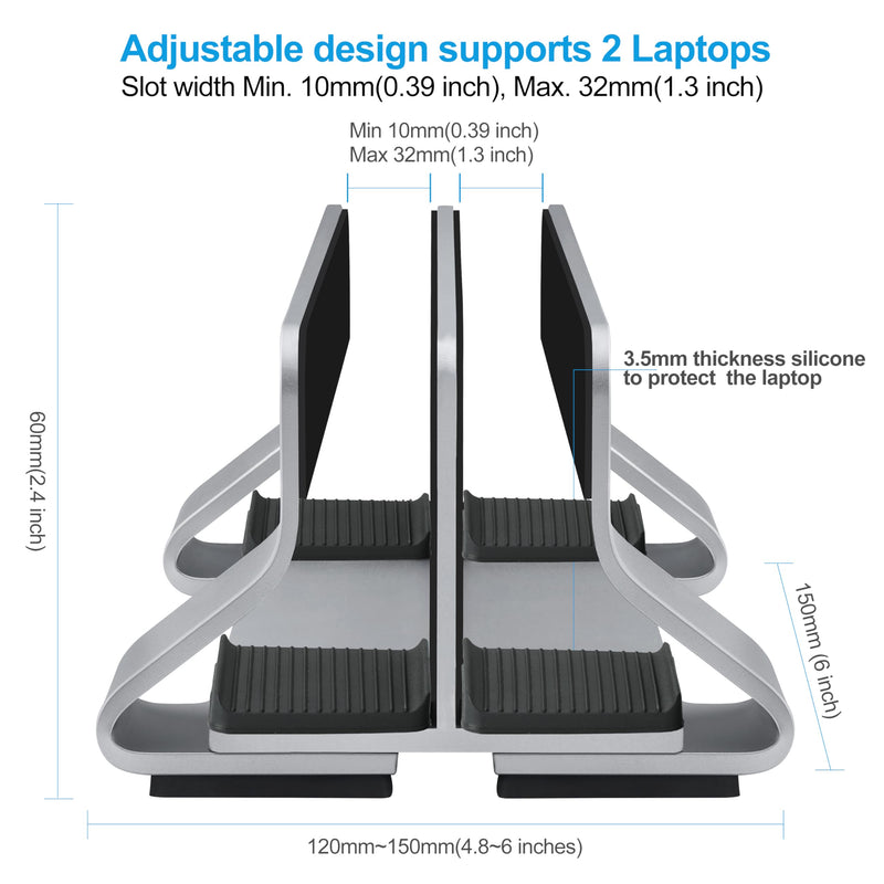 Aluminum Dual Vertical Laptop Stand Dock Holder, Supports 2 Devices, Adjustable Slot Width 15-36mm, Space-Saving Upright Storage for MacBook and Laptops 2 Slots Space Gray