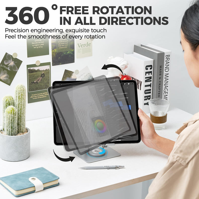 Adjustable & Foldable Tablet Stand for iPad Pro, Portable Monitor Holder With 360 Rotating Base, Fit for Computer Office Desk Accessories (Black) Black