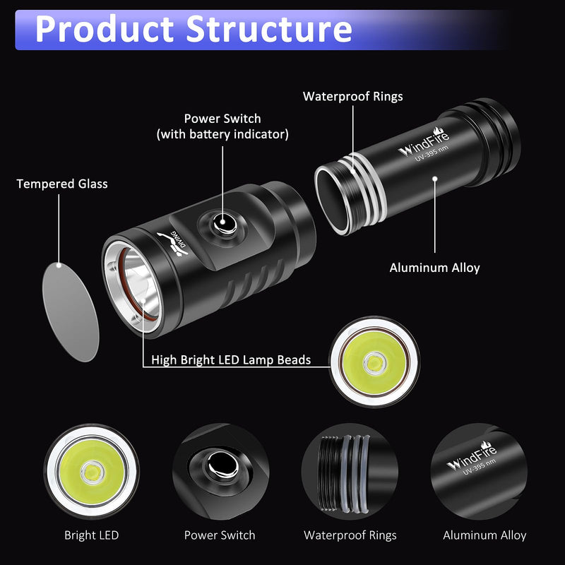 WINDFIRE Dive Light, 395 nm UV Scuba Flashlight, Waterproof Black Light Flashlight with Power Indicator for Scuba Diving, Underwater Fluorescence & Pet Urine Detection TS08_Purple Light