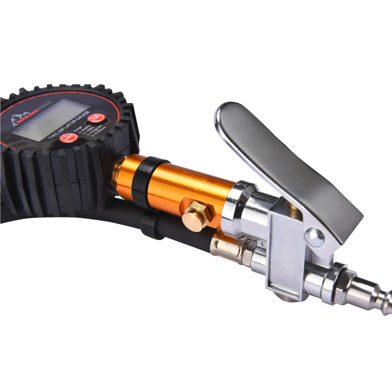 Boulder Tools Tire Pressure Gauge with Inflator - Heavy Duty 0-250 PSI LED Digital Tire Inflator Gauge with Air Chuck Lock, Bleed Valve - Air Compressor Accessories for Car, Motorcycle, Bicycle Tires