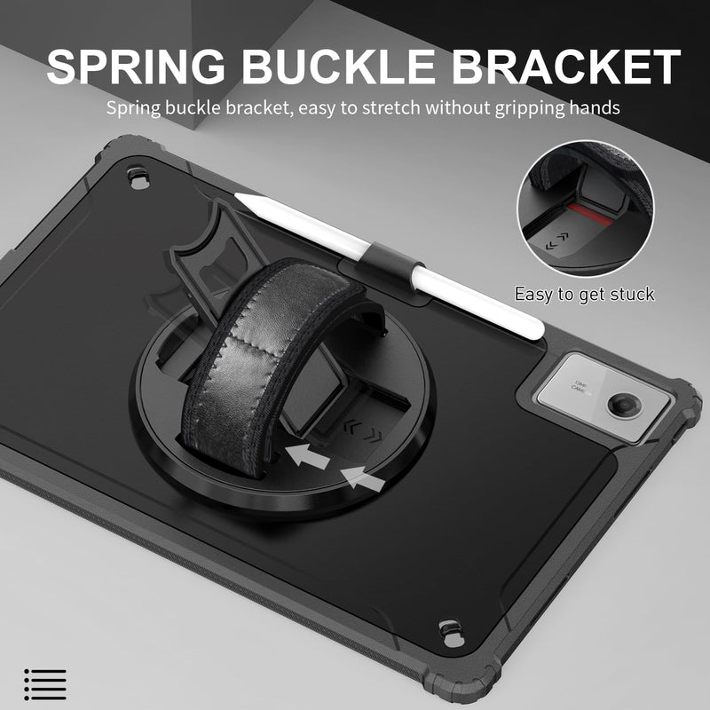 ZenRich Rugged Case for Lenovo Idea Tab Plus /K12 12.1 inch | Slim TPU Protective Case with 360 Rotating Kickstand & Hand Strap & Shoulder Belt 2025 Release Black 12.1-in