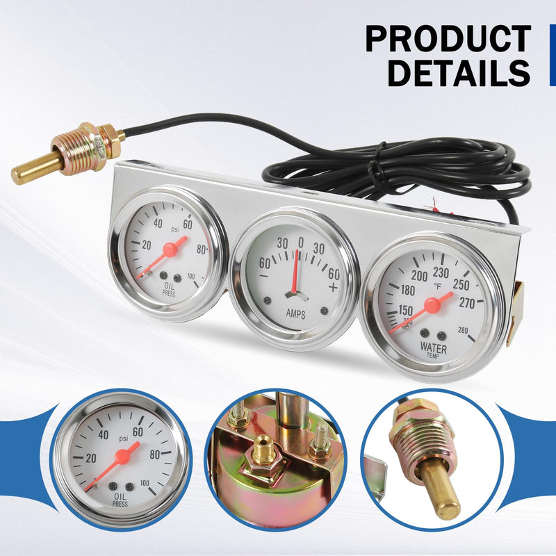 JDMSPEED 2" 52mm Triple Gauge Set Kit (Oil Pressure Gauge + Water Temperature Gauge + AMP Meter) 3‑in‑1