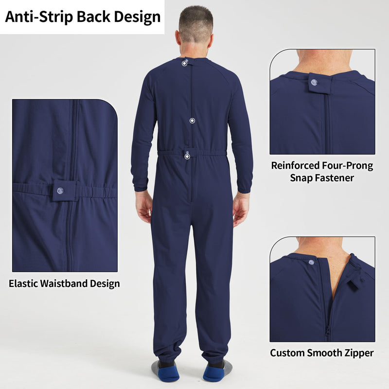 Anti Strip Clothing Adaptive Jumpsuit with Easy Access Back Zipper Pajamas for Elderly & Dementia Patients Navy Blue X-Large