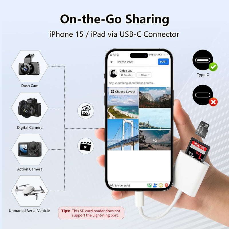 SD Card Reader for iPhone17/16/15,Memory Card Reader,Digital Camera Adapter to MacBook/USB-C Laptop,Support SD, Micro SD