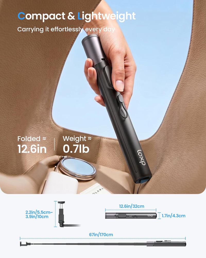 LOXP 67'' Phone Tripod with Remote, 0.01s Auto-Open for Content Creator | Selfie Stick for iPhone/ Android, Portable iPhone Tripod with Cold Shoe/ 1/4" Adapter for Travel, Vlog, Live, Golf, Video Black