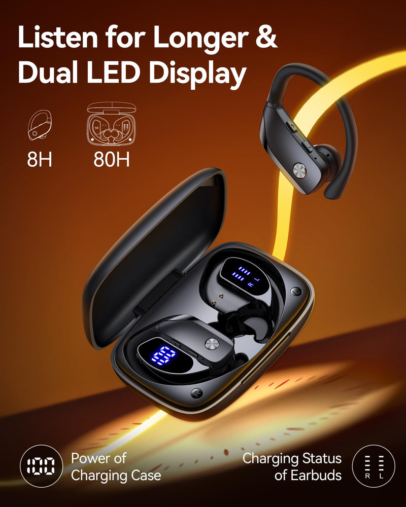 bmani Ear Buds Wireless Earbuds Bluetooth Headphones with 80H Playtime LED Display Case, Over-Ear Hook with Mic, Stereo Sound, Easy Button Controls, Sports Earphones for Running Workout Gym Black AI Buds Pro