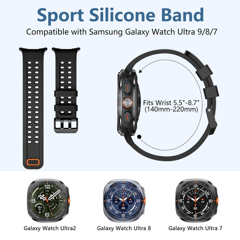 Sport Band Compatible with Samsung Galaxy Watch Ultra 9/8/7 Bands 47mm (2026/2025/2024), Rugged Ocean Wristband Breathable Silicone Sport Strap Waterproof Only for Galaxy Watch Ultra Bands Men Women Black S/M/L