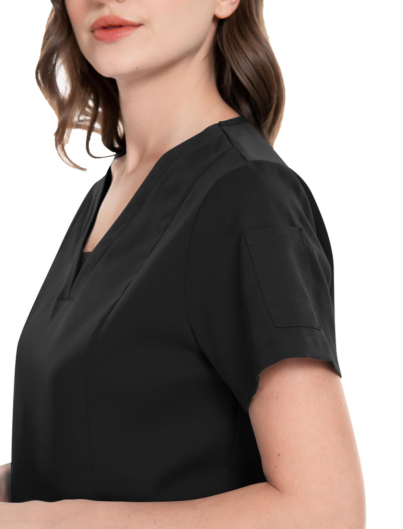 niaahinn Scrub Suit Set for Women Modern V-neck Top & Tapered Leg Jogger Pants with Drawstring Medical Nursing Uniforms Set Medium Black