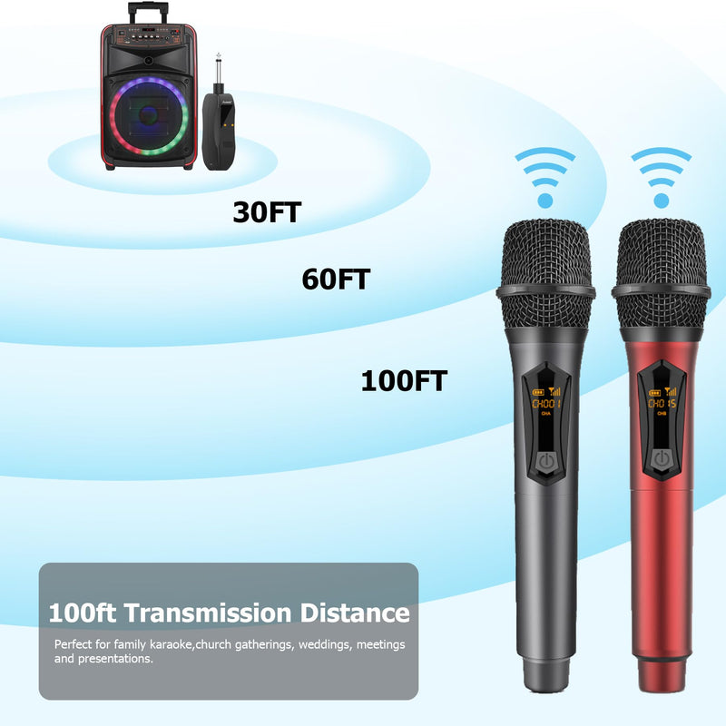 Aveek Wireless Microphone for Karaoke, 2.4GHz Rechargeable Karaoke Microphone(Work 10hs), for Speaker, Karaoke Machine,Church, Speech, Wedding, Party Singing, Grey&Red, 2 Packs red&gray