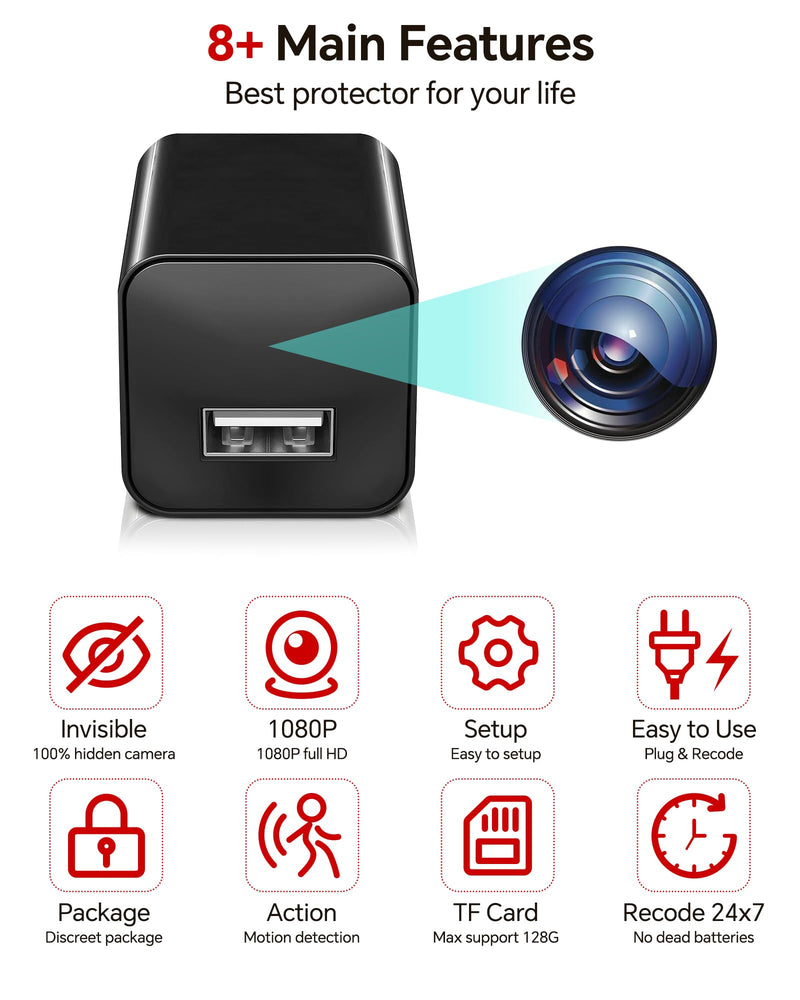 Asnaghi Camera Charger,HD 1080P, 64GB Nanny Cam Camera with Motion Detection,No Wi-Fi Needed