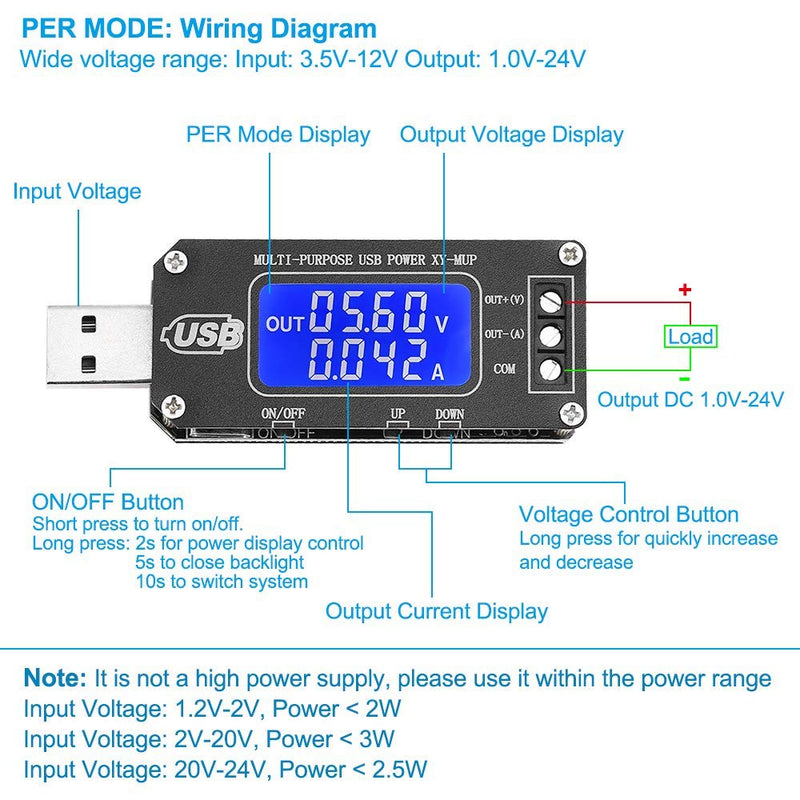 PEMENOL DC-DC CNC USB Step Up/Down Power Supply Regulator Module 3.5V-12V to 1.0V-24V 2-3W, Adjustable Boost Buck Voltage Converter Digital Display Voltmeter Ammeter Battery Capacity Tester DC 1V-24V