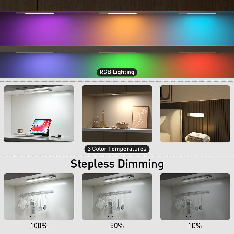 79-LED Under Cabinet Lighting, 15 Colors Uitra-Thin Closet Lights Rechargeable Wireless Under Counter Lighting with Remote Control, Dimmable RGB Light Bars for Kitchen Showcase Shelf, 3 Pack