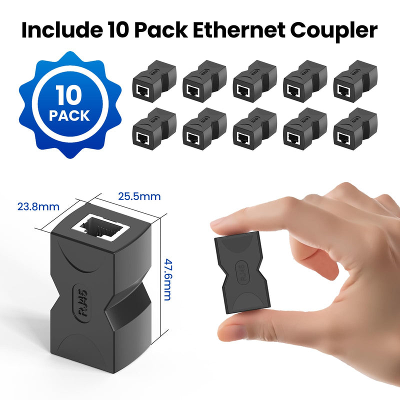 RJ45 Inline Coupler Cat6 Cat5e 10 Pack, Gigabit Female to Female Ethernet Cable Extender, 1000Mbps Network Jack Adapter Connector Support PoE Power for Security Camera, Router, Switch, PC, Home Office