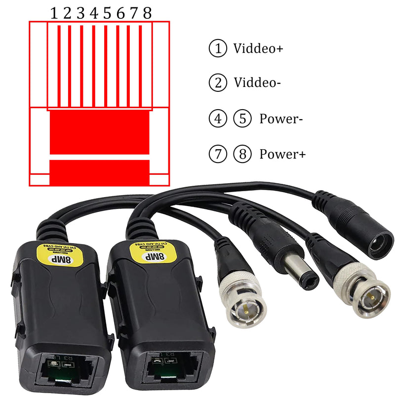 zdyCGTime Passive HD Video Balun BNC to RJ45 Network Transceiver Cat5/Cat6 Adapter Cable with DC Power 720P - 8MP Cat6 to BNC Male Connecto for CCTV Security Surveillance Camera System(16.5cm/4Pairs) 4 Pairs