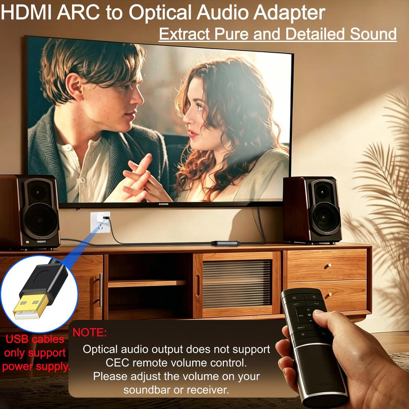 192KHz HDMI ARC to Optical Audio Adapter 6.6FT, ARC to Optical Converter - for HDTV AR C Ports to O ptical Soundbar, Home Theaters, Plug & Play, Support PCM 2.0 Audio Formats (NO CEC)