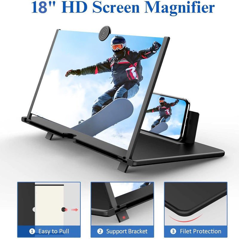 18" Screen Magnifier for Cell Phone,3D HD Magnifying Projector Screen Enlarger for Movies, Videos and Gaming, Foldable Phone Stand Holder with Screen Amplifier,Compatible with All Phones (Black 18") Black-18"
