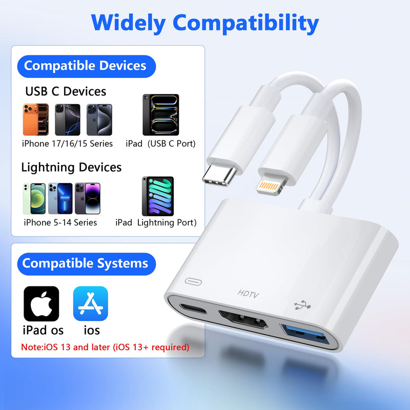USB-C and Lightning to HDMI Adapter for iPhone ipad to TV [Apple MFi Certified], 1080P Sync Screen Lightning to Digital AV Adapter with Charging Port and USB Data Port for iPhone 17-5 /iPad to HDTV