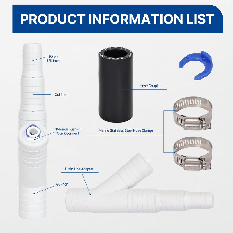Dishwasher Drain Hose Adapter, RO Drain Line adapter，Garbage Disposal Adapter with 1/4-inch Quick Connect Fitting and 7/8-inch Fitting for a Dishwasher，No Drilling Required 1/4 inch