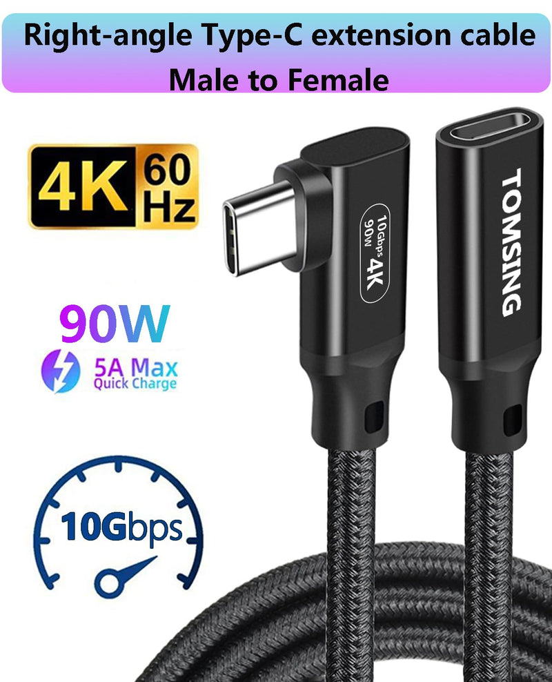 Right Angle USB C Extension Cable（90W/10Gbps/4K@60Hz）,16.4FT,Type-C Male to Female,Extension Charging & Sync for Playstation, Xbox, Flash Drive, Printer, Camera and More（Black） 16.4FT（90W/10Gbps) Black(Braided) 1