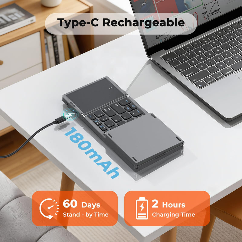 MEETION Foldable Bluetooth Keyboard with Touchpad, Portable Wireless, Gray | Ultra-slim rechargeable folding keyboard with built-in touchpad, full-size keys, idea for travel, iOS/Android/Windows Grey Black