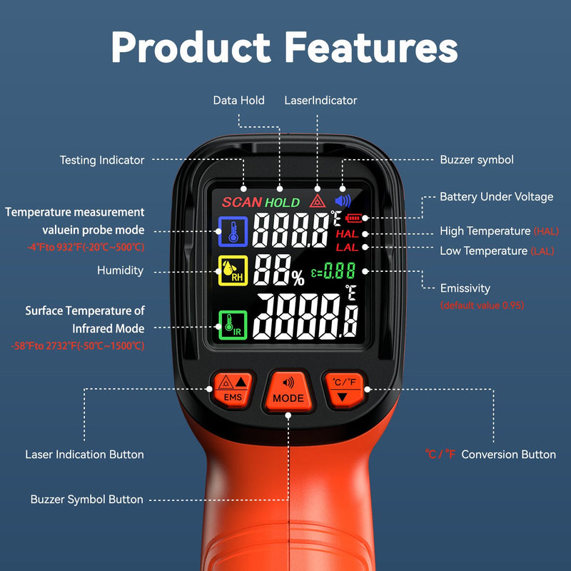 Infrared Thermometer Gun, -58°F to 2732°F, Dual-Mode 50:1 | 932°F K-Type Probe Included，Protective Tool Case Included，Industrial HVAC & Equipment Diagnostics Orange/-58°F to 2732°F and -4°F to 932°F