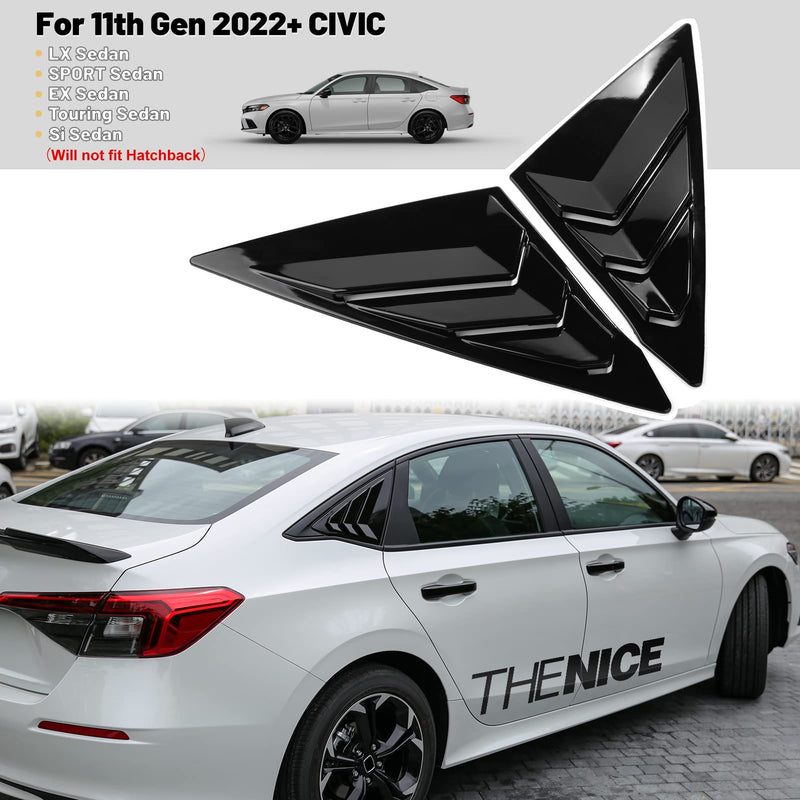 Thenice for 11th Gen Civic Rear Side Window Louvers Racing Style Triangular Window Glass Blinds for Honda Civic Sedan 2022 2023 2024 2025 2026 -Piano Black for Sedan Glossy Black