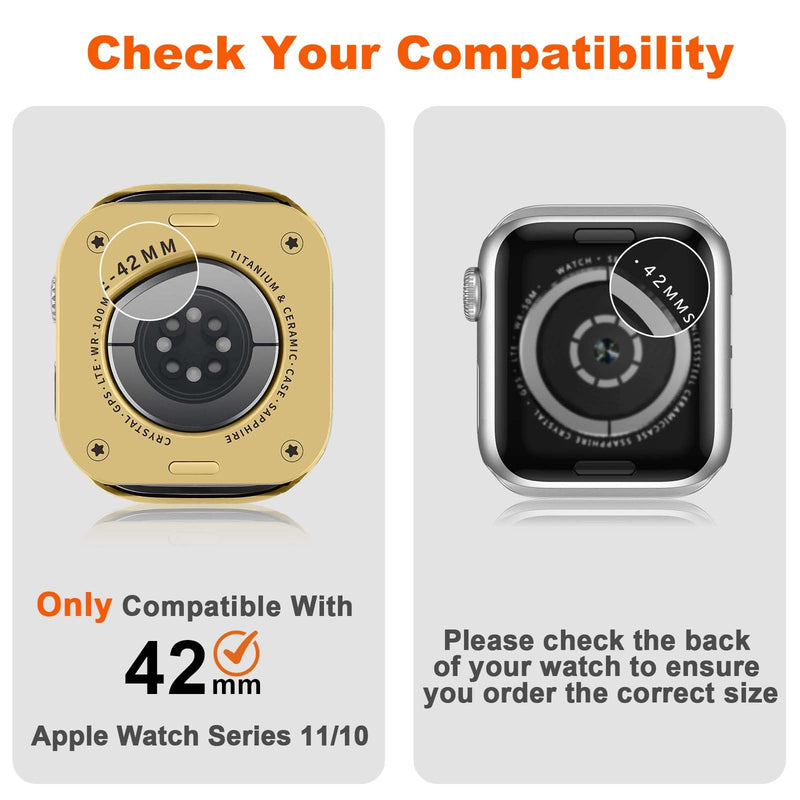 3 in 1 Compatible with Apple Watch Series 11/10 Case 42mm | Slim Straight Edge Metal Cover with Built-in Screen Protector+Back Frame for iWatch Series 11/10 42mm (Gold) Gold