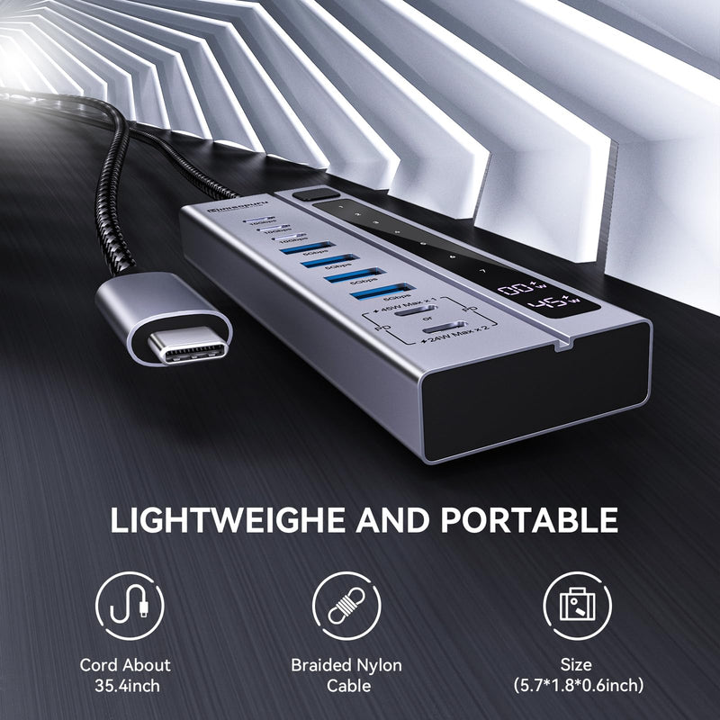 Minisopuru Powered USB C Hub – Support Max 45W Charging with 72W Power Adapter, 10Gbps Data Transfer, USB C to USB C Hub Charging for Meta Quest Pro, Steam, iPad Pro, iPhone, Watch (Not for Monitor)