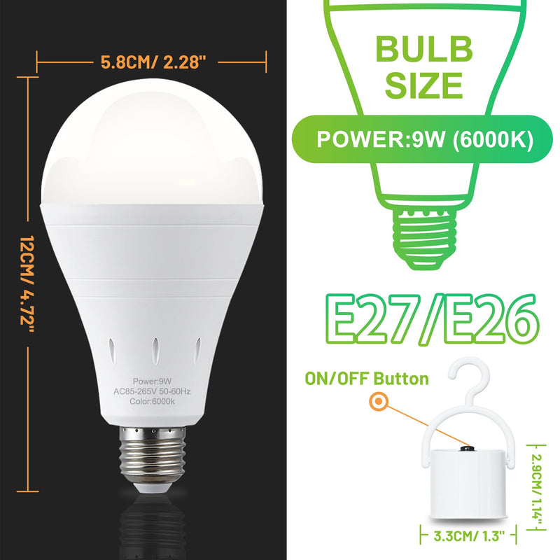 DEBAOBULB 6 Pack Rechargeable Emergency Light Bulbs, Battery Powered LED Light Bulb 6000K Daylight E26 120 Volt 9W 60W Equivalent with 1200mAh for Home Power Outage Camping Hurricane 6 Packs