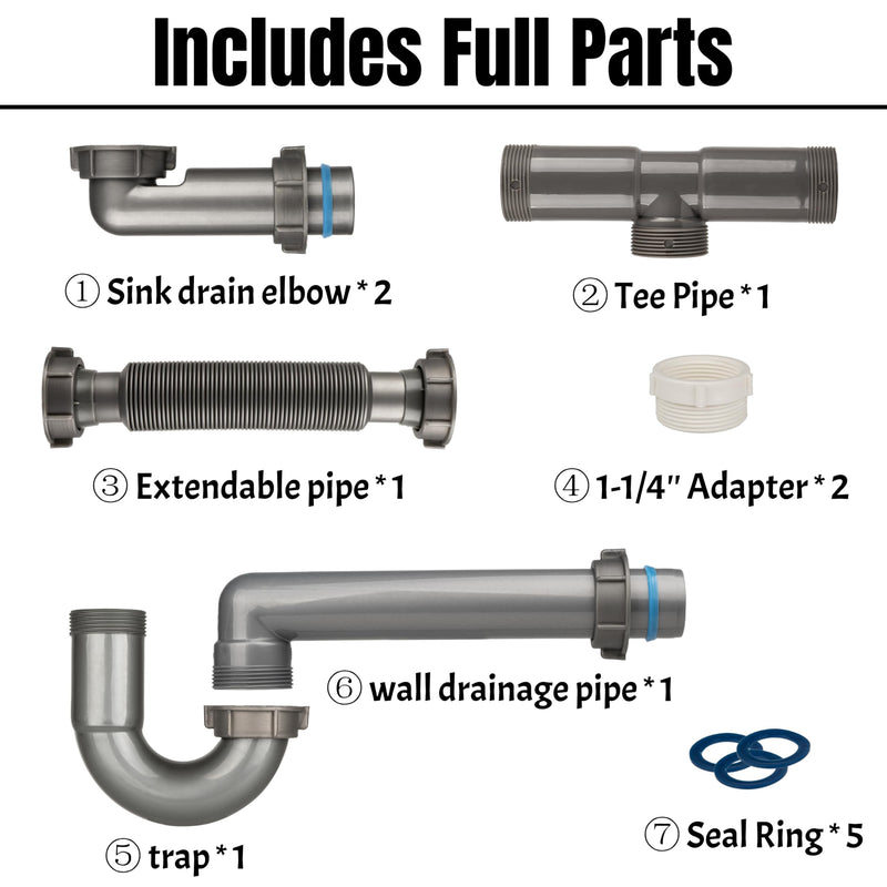 1-1/2" Double Kitchen Sink Drain Pipe kit, Expandable and Flexible P-Trap, Wall-Outlet, Completed Sink Pipe Replacement Kit