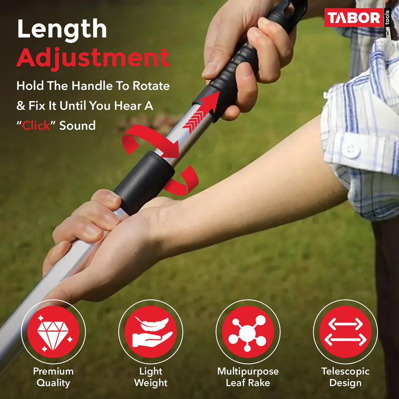 TABOR TOOLS Adjustable Metal Rake - Collapsible & Telescopic - Garden, Yard, & Lawn - Ideal for Leaves, Shrubs & Small Areas. J16A Black