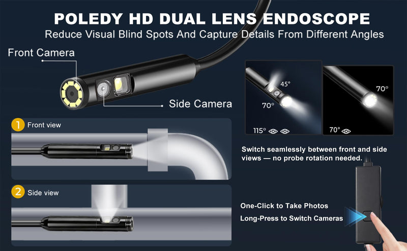 Dual-Lens Endoscope Camera with Light, POLEDY 1920P HD Borescope, 8 Adjustable LED Light, IP67 Waterproof, 16.4ft Snake Camera, Semi-Rigid Cable Inspection for Android, iOS Dual Lens