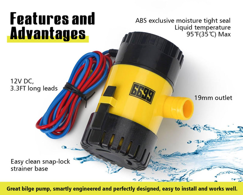 Boat Bilge Pump 12V DC with 3.3ft Power Cord 750 GPH Maximum Flow Rate for Marine Yacht Kayak Canoe and Small Boats Efficient Water Removal System with Durable Design and Easy Installation