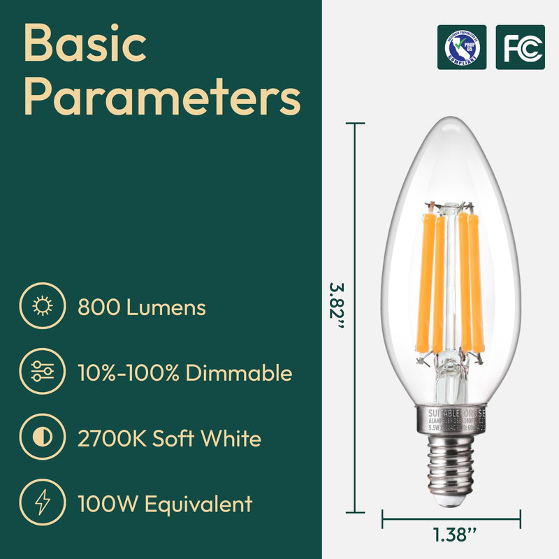 ALAMPEVER 12 Pack Chandelier Light Bulbs 100 Watt Equivalent, 800LM Bright Dimmable LED Light Bulb, E12 Base, 2700K Soft White, B11 Type, 5.5W, Ideal for Living Room, Bedroom, Dining Room 100w 2700k Soft White 12 Count (Pack of 1)