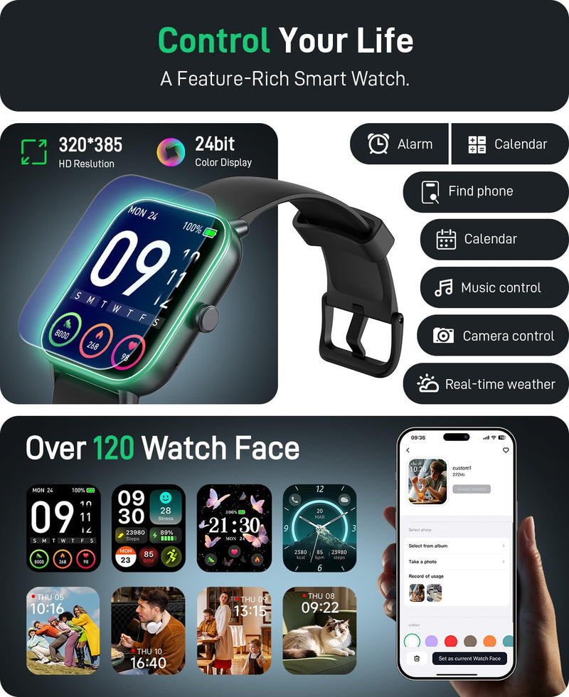 Smart Watch for Women Men, 1.85" Fitness Tracker for Android/iPhone, 2-Band | Bluetooth Call & Text Alert, Alexa Built-in, 24/7 Heart Rate/SpO2/Sleep/Cycles Monitor, 120+ Sports, IP68 Waterproof Black