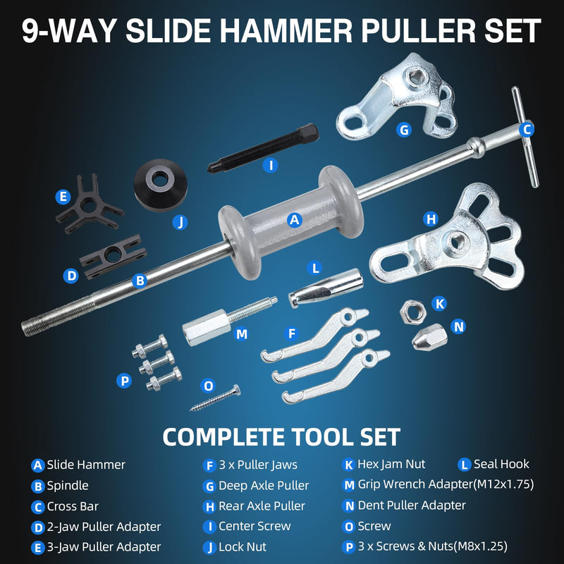 8MILELAKE 9 Way Slide Hammer Puller Axle Front Rear Wheel Bearing Dent Hub Gear Puller Remover Set