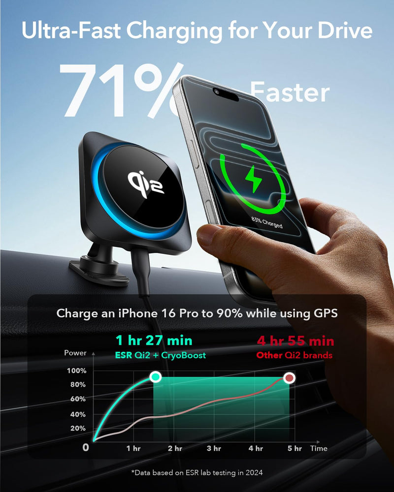 ESR for Qi2 15W MagSafe Car Mount Charger with CryoBoost, Phone Cooling MagSafe Car Charger, Air Vent/Dashboard Wireless Charging for iPhone 17/16/15/14/13/12, S25 Series, Pixel 10, Fast Charger Qi2 15W - CryoBoost