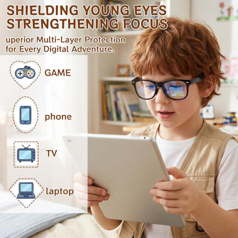 Kids Blue Light Blocking Glasses, Square Frame, Ages 3-8 (3 Pack) | UV & Eye Strain, Anti-Glare & Lightweight Eye Protection for Girls Boys, Ideal for Computers, Tablets & Handheld Gaming A1 Black+transparent+dark Blue Clear Age 3-8