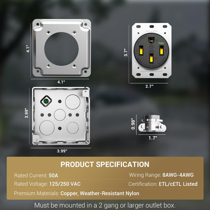Nema 14-50 EV Outlet (Surface Mount Kit) 50 Amp EV Charging Receptacle Heavy Duty,2.42" Diameter, U-Shaped Brass Clamp -Industrial Grade, 3-Pole 4-Wire Grounding, 50A 125/250V, ETL Listed Surface Mount Kit