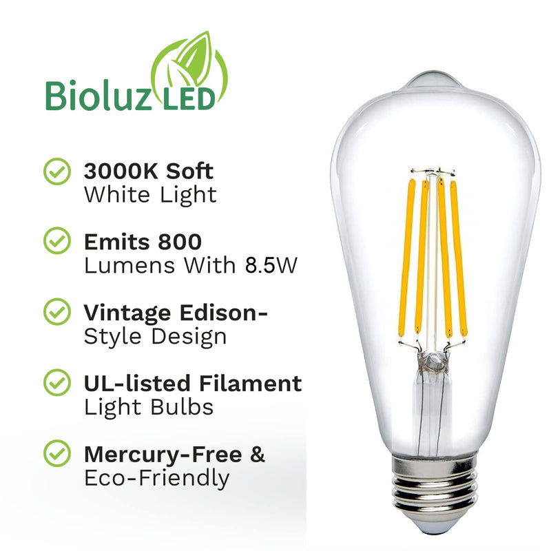 Bioluz Dimmable Edison Light Bulbs - 800 Lumen Soft White 3000K LED Replacement for Incandescent Light Bulbs - 6-Pack Vintage Soft White Light Bulbs for Dimmable Lighting and Soft Lighting 6 Count (Pack of 1)