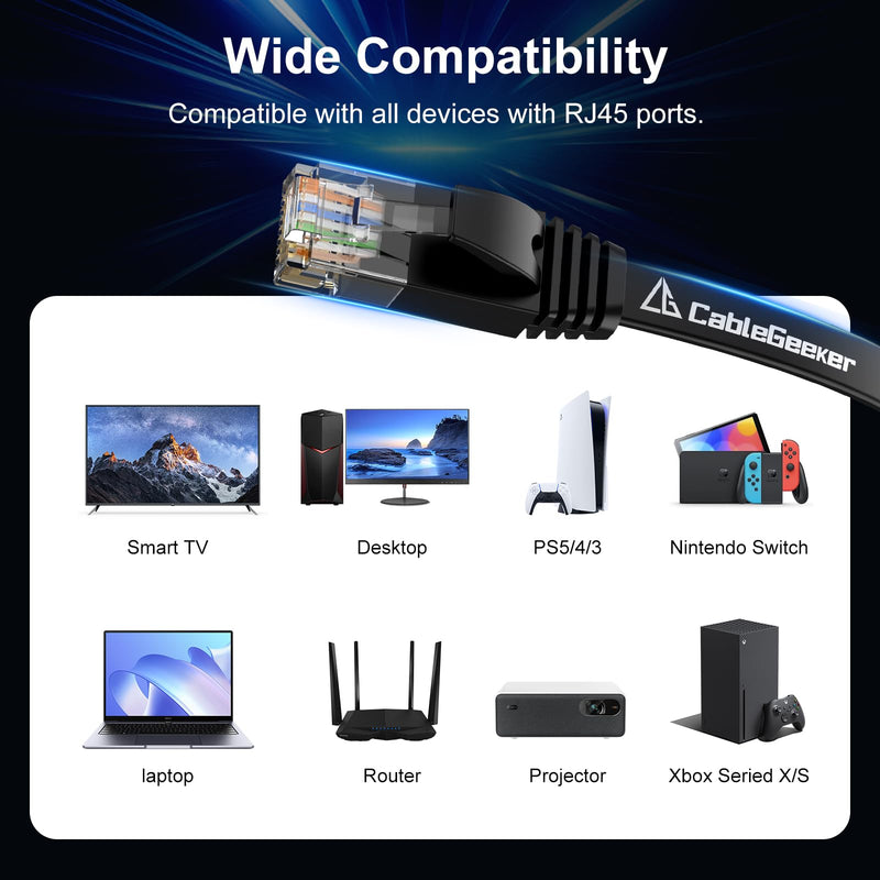 Cat 6 Ethernet Cable 150 ft, Indoor&Outdoor, High Speed 10Gbps Internet Network, Pure Copper Flat Ethernet Patch Cable Long, Computer LAN Cable with Clips & Straps for Router, Modem, PS4/5, Black Black-Flat-Copper 150ft