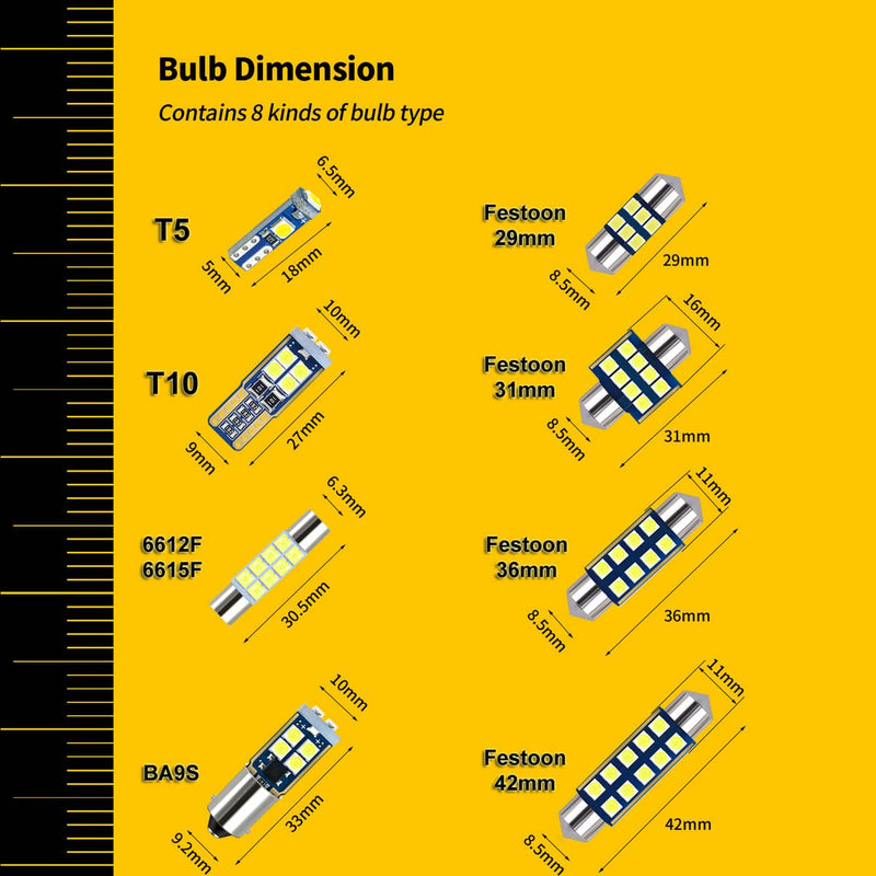 42-Pack White 12V DE3175 6418 6411 T10 2825 BA9S 64111 T5 74 6612F 6615F 31mm 36mm 41mm LED bulb Kit for Car Truck Interior Map Dome Vanity Mirror Trunk Door Courtesy License Plate Light
