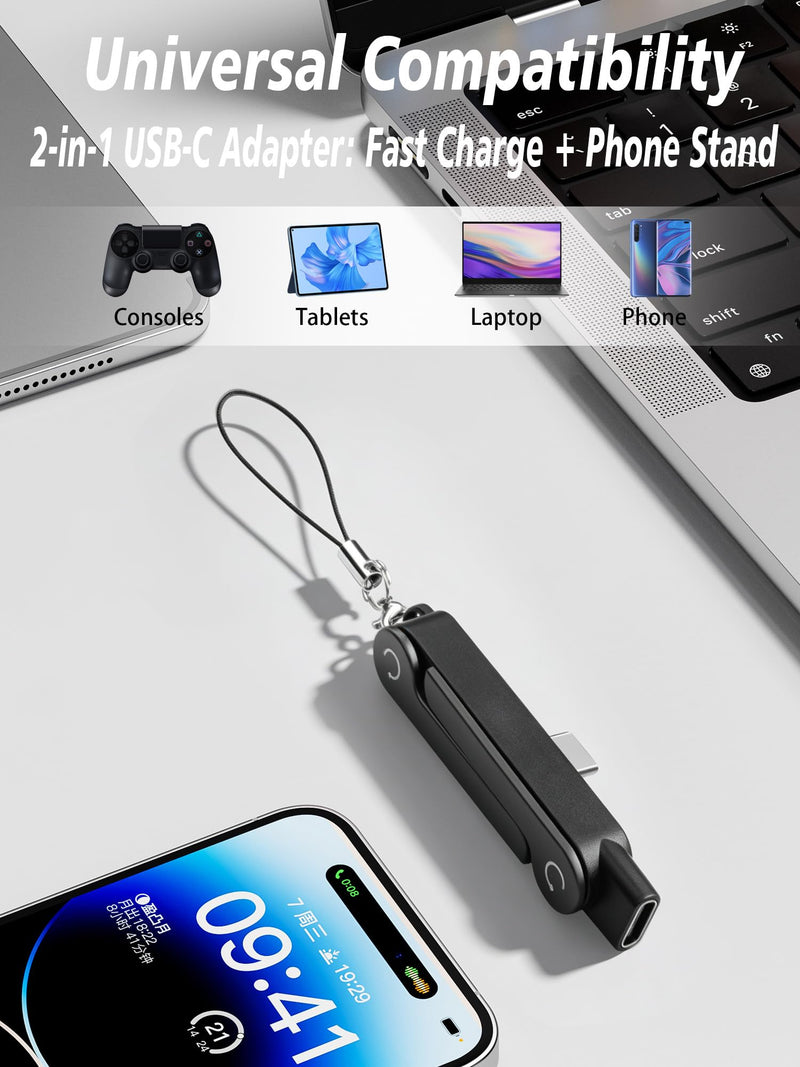 YACSEJAO 2 Pcs 240W USB C to USB C Charging Adapter | Hidden Foldable Stand, 90 Degree, Male to Female Charger Adapter,Adjustable Phone Stand, For Gaming, Office, Travel