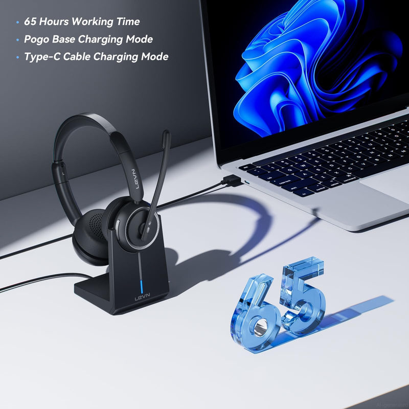 Wireless Headset with Mic for Work, Bluetooth Headset with Microphone AI Noise Cancelling & Mute Button, Wireless Headphones with Mic for Work/Home/Office/Call Center/PC/Laptop/Computer/Teams/Zoom Black