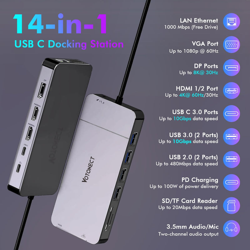 USB C Hub USB C Docking Station 14-in-1 Adapter with Dual 4K HDMI & 8K DP Output USB3.0 x2, VGA, USB2.0 x2, PD100W, Gigabit Ethernet, 3.5mm Audio for MacBook, Dell, HP, Lenovo, Surface