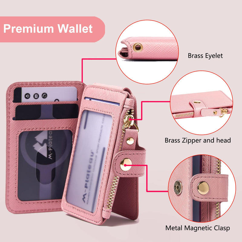 Phone Wallet Stick On,M-Plateau PU Leather Card Holder with Zipper Coin Pocket Compatible with iPhone and iPhone Case for Women with 3M Adhesive and Phone Lanyard Light Pink