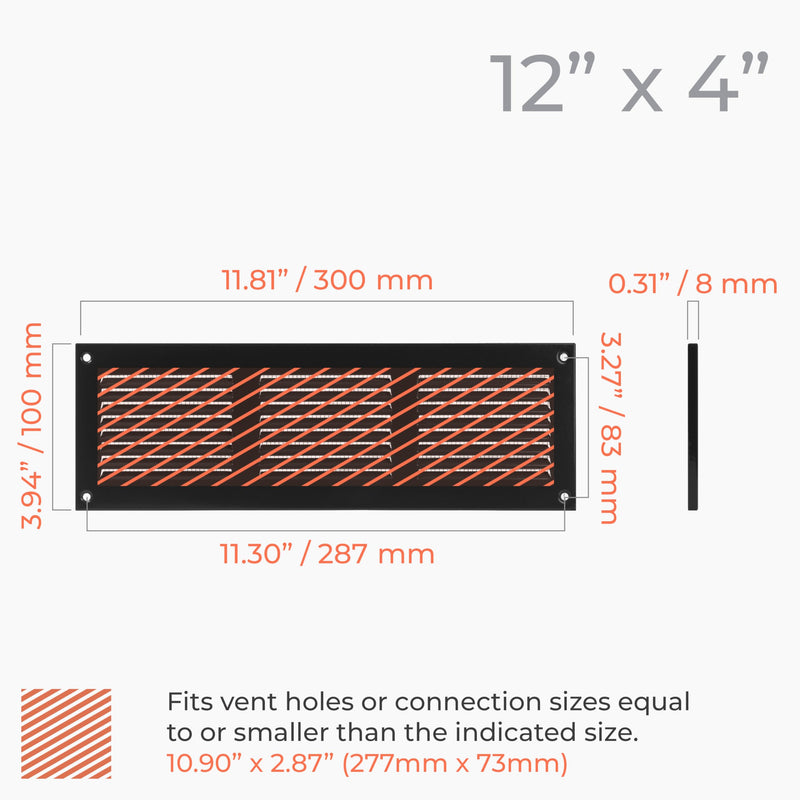 HVAC OV 12" x 4" Inch (External Dimensions) - Scratch Resistant Black Metal Air Cover Grille Cover - Wall, Ceiling Register and Exterior Wall Vent Cover with Guard/Mesh Screen - Soffit Vent 12'' x 4''