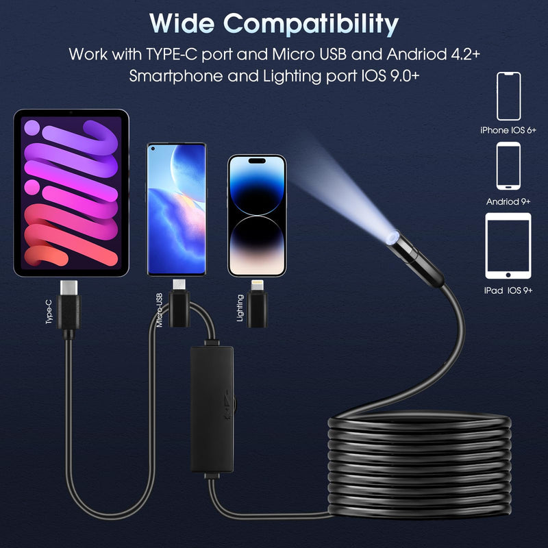 Endoscope Camera with Light – 1920P HD Borescope for iOS & Android (3.3ft) | 1920P HD, 8mm IP67 Waterproof Probe, 8 Adjustable LED Lights, Semi-Rigid 3.3ft Cable, Compatible with iOS & Android