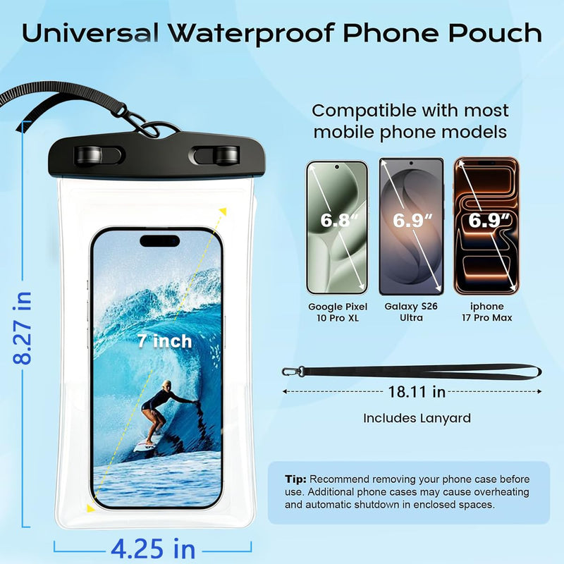IPX8 Waterproof Phone Pouch[Anti-Pop Lock]Dustproof Outdoor Phone Protector | with Touch Screen Dry Bag Case with Lanyard,Beach &Cruise Essentials Gifts for iPhone 17 16 15 14 Pro Max,Galaxy S26 S25,7.2" Black